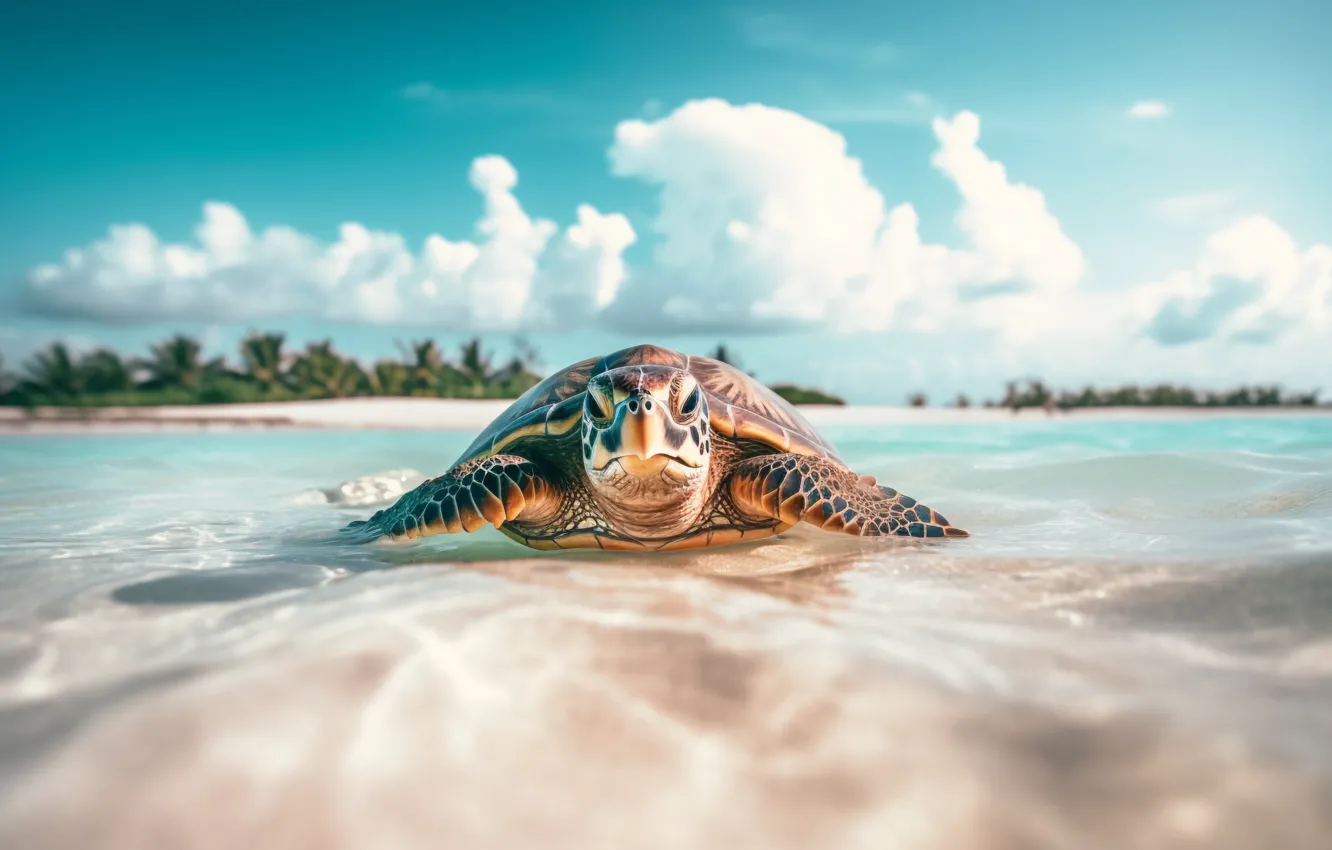 Photo wallpaper turtle, sea turtle, sea, AI art, neural network