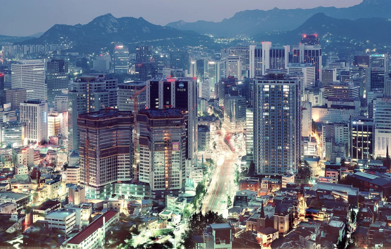 Photo wallpaper mountains, Tokyo, Japan, megapolis, evening lights