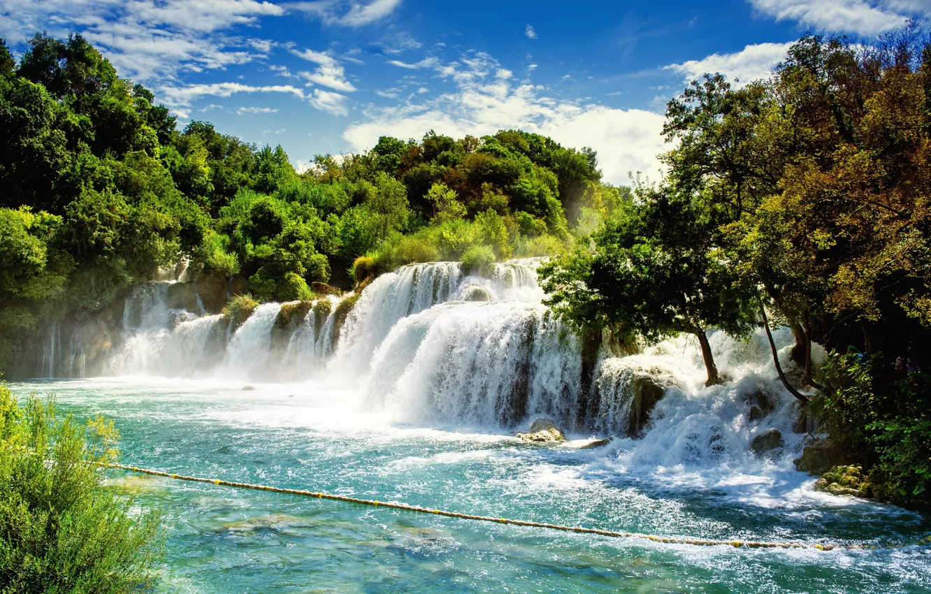 Photo wallpaper greens, the sky, the sun, clouds, trees, waterfall, Croatia, Krka National Park