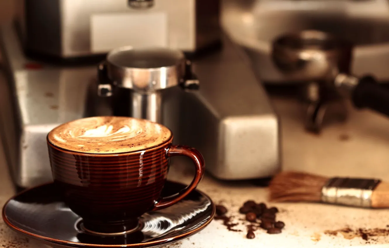 Photo wallpaper coffee beans, brush, coffee machine, cappuccino, a Cup of coffee