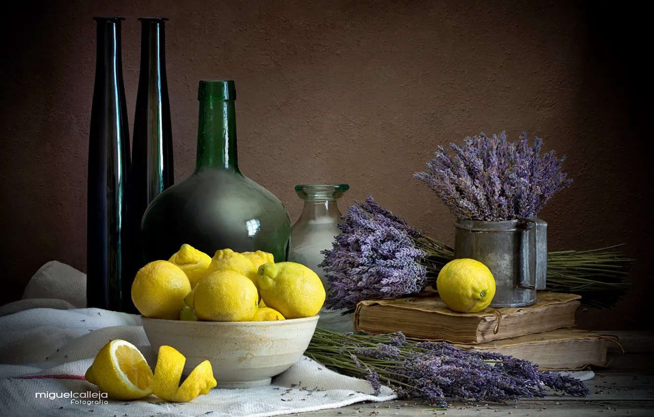 Photo wallpaper bottle, still life, lemons, lavender