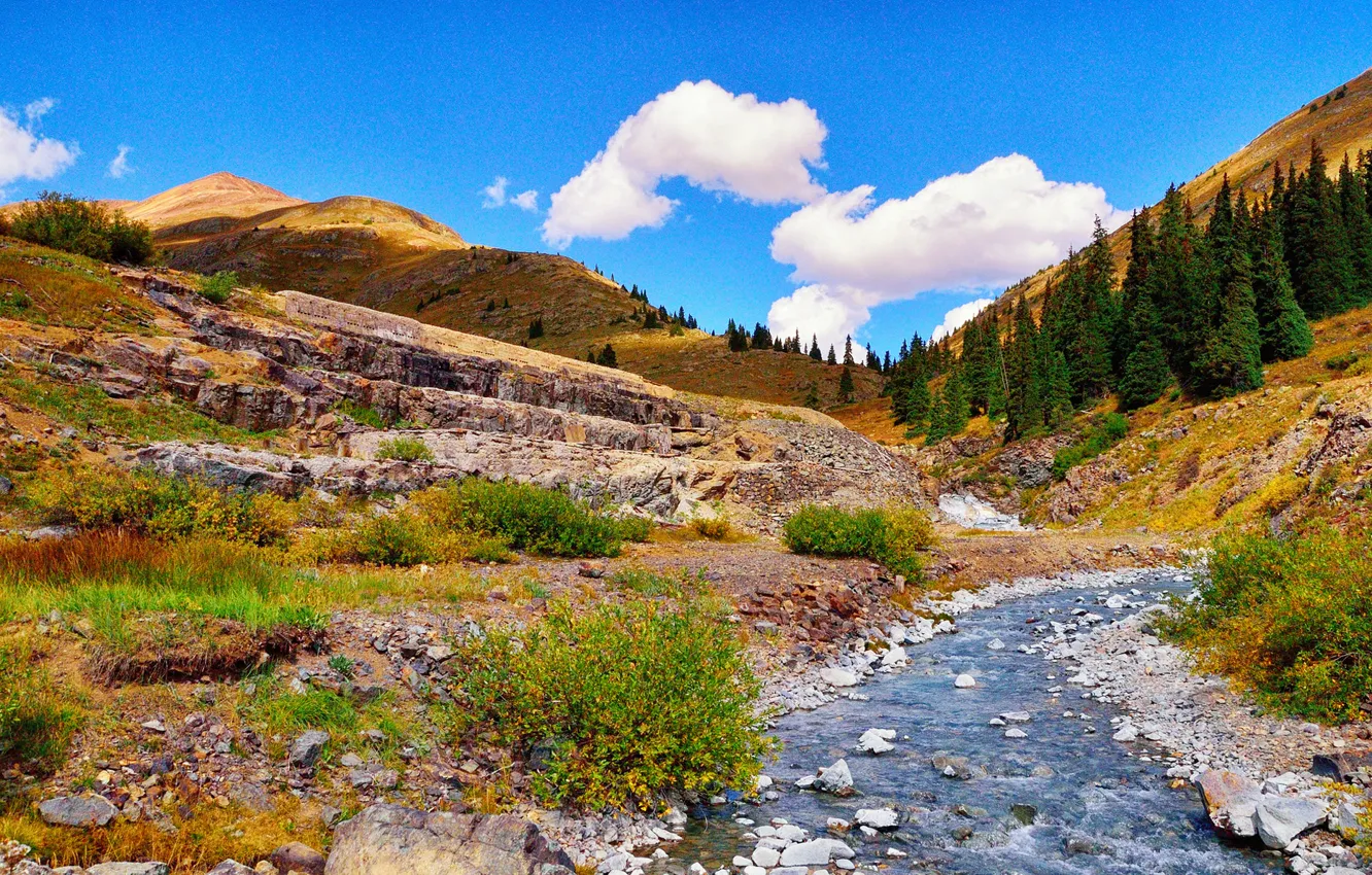 Photo wallpaper autumn, the sky, clouds, mountains, river, stream, stones, slope