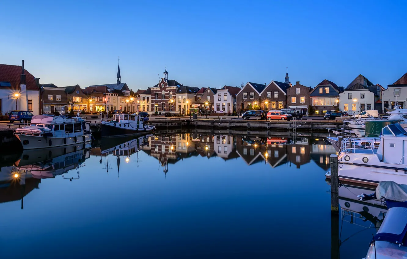Photo wallpaper lights, home, Netherlands, harbour, Oude-Tonge