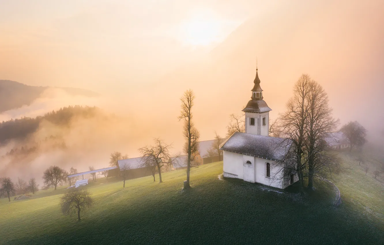 Photo wallpaper landscape, mountains, nature, fog, hills, home, morning, Church