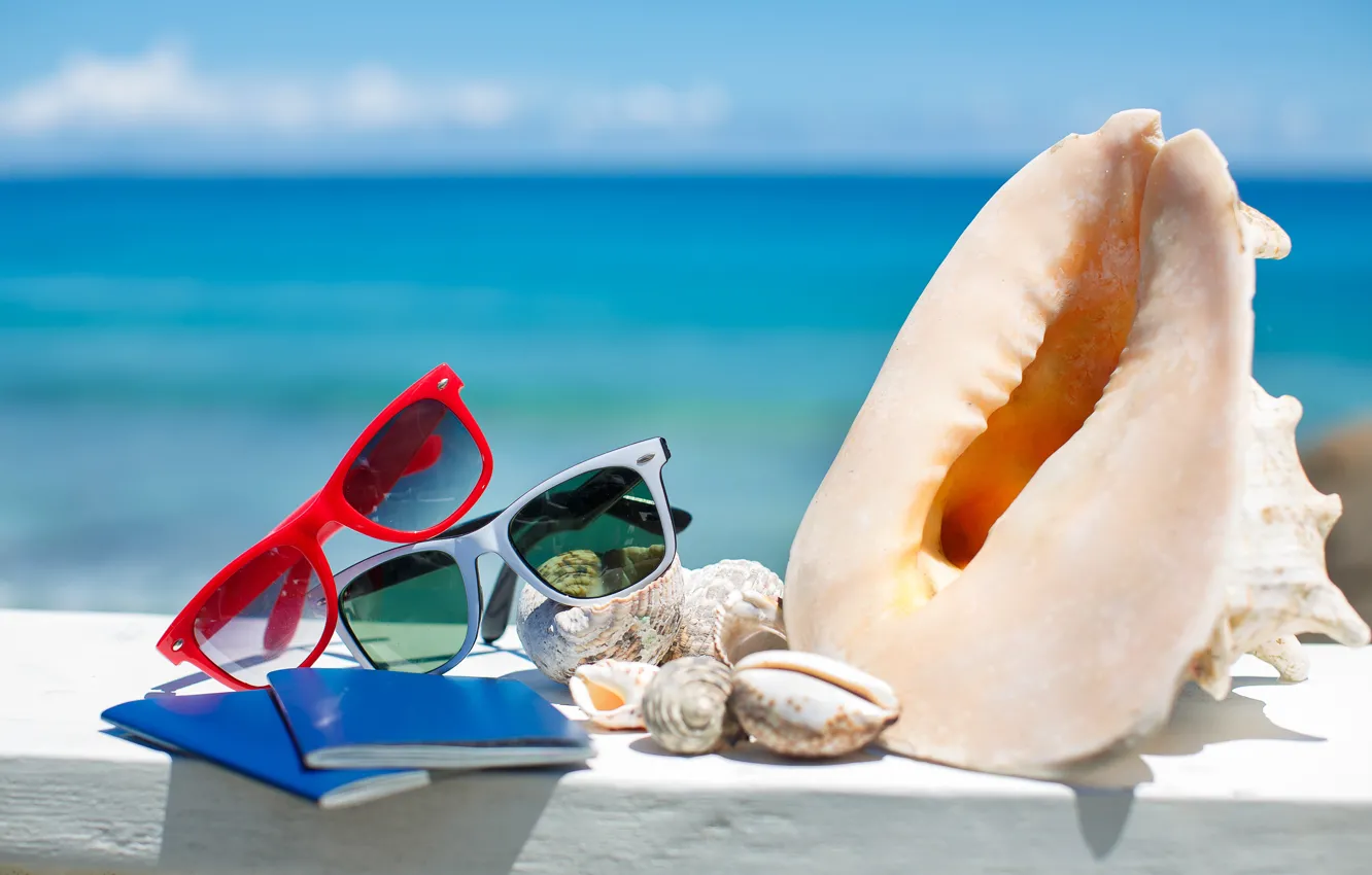 Photo wallpaper summer, beach, sea, sun, blue sky, glasses, vacation, shells