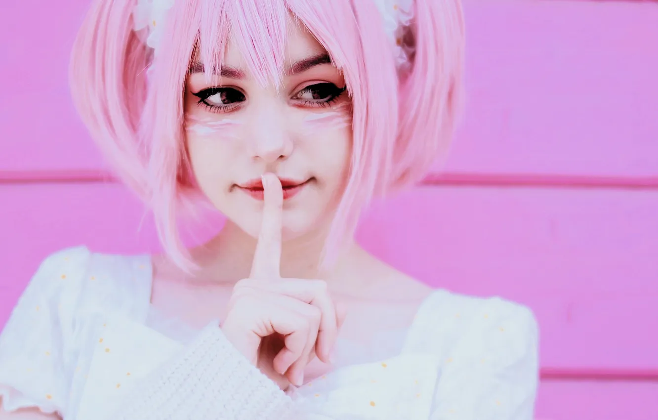 Photo wallpaper strips, face, dress, finger, image, gesture, cosplay, pink hair