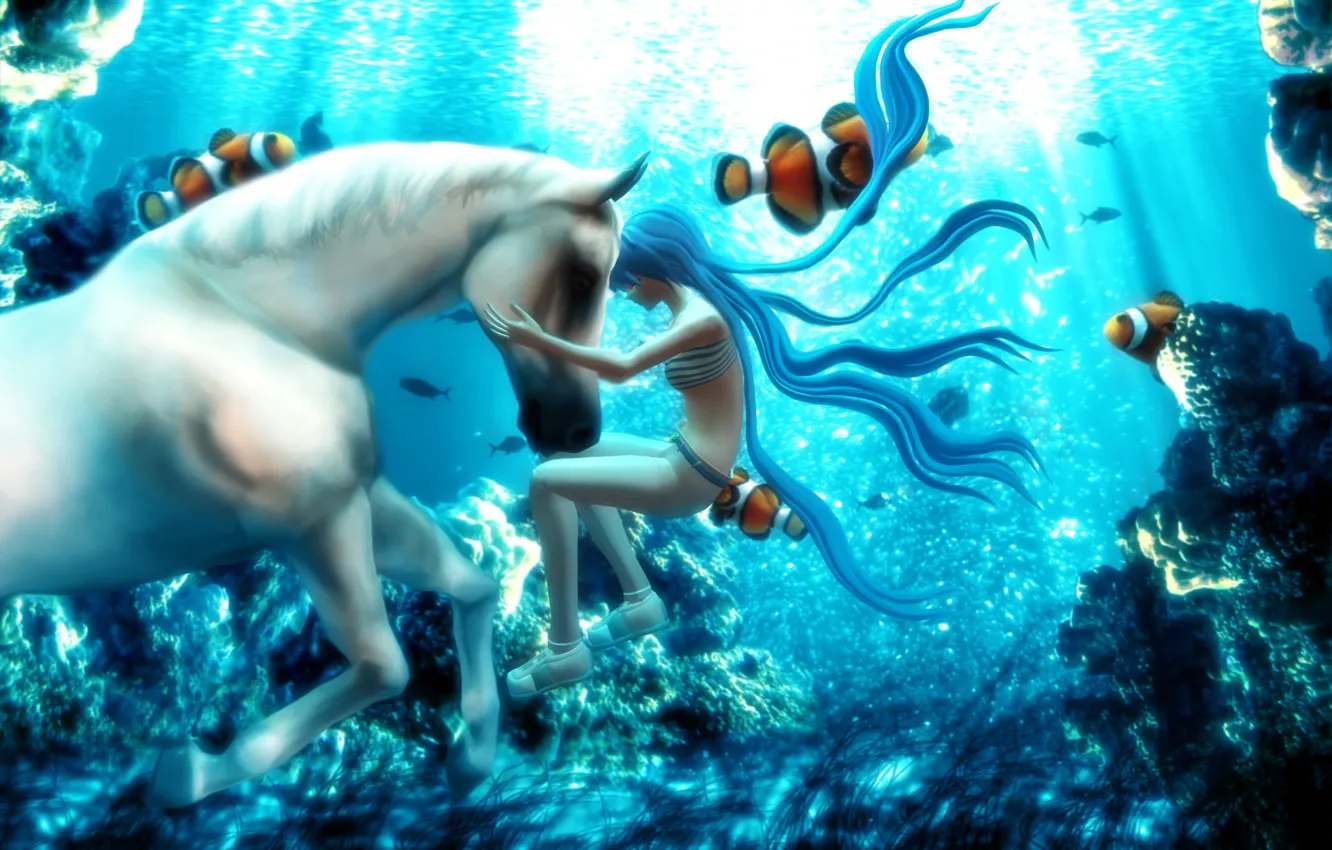 Photo wallpaper fish, fantasy, Hatsune Miku, Vocaloid, under water, white horse, 3d graphics