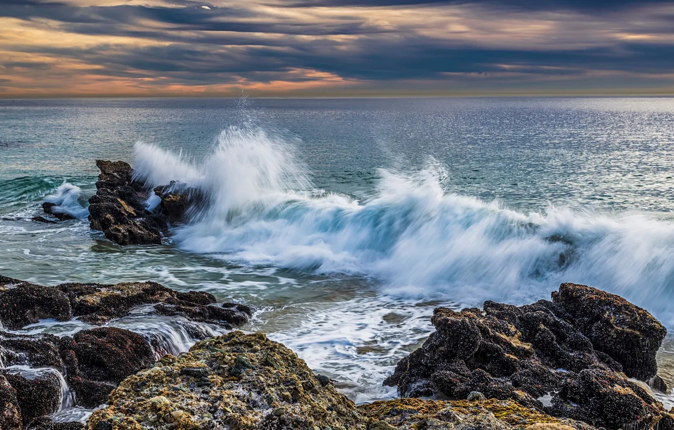 Photo wallpaper sea, wave, clouds, stones, shore, dal, surf