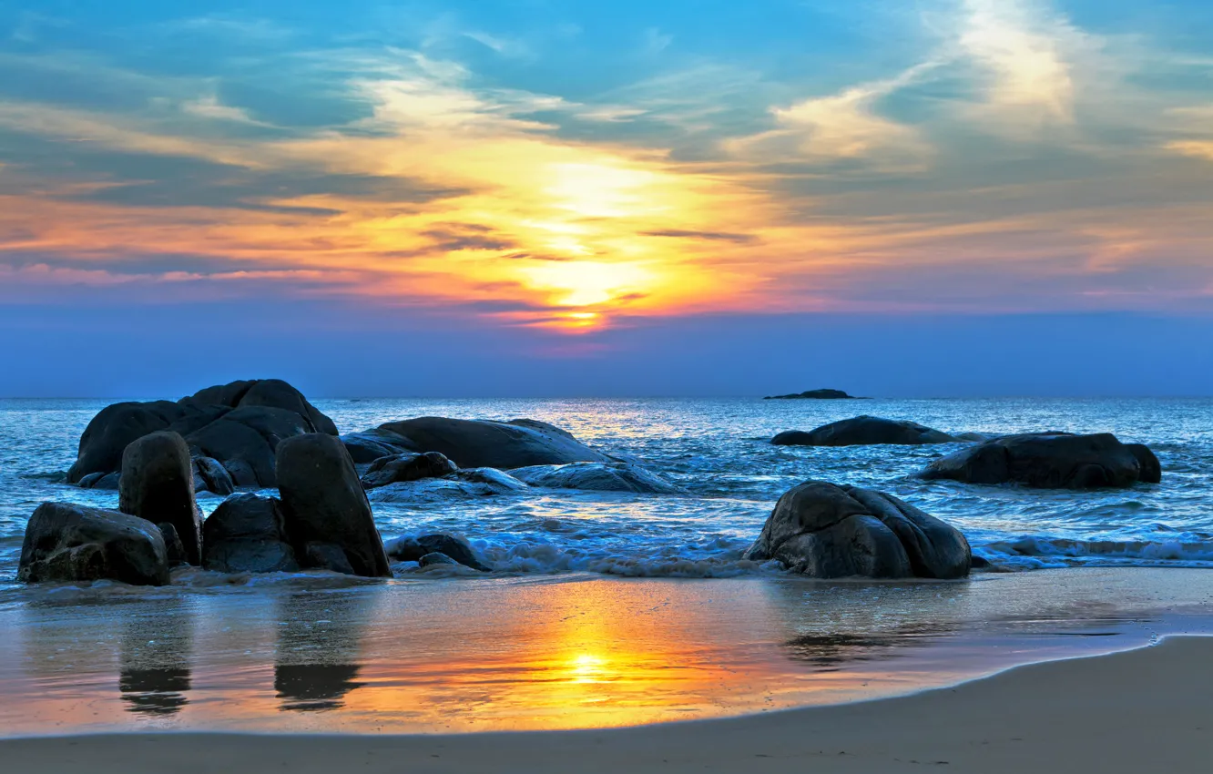 Photo wallpaper sand, sea, sunset, stones, shore, horizon