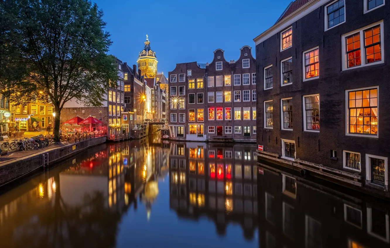 Photo wallpaper lights, the evening, channel, Netherlands, Amsterdam, Holland