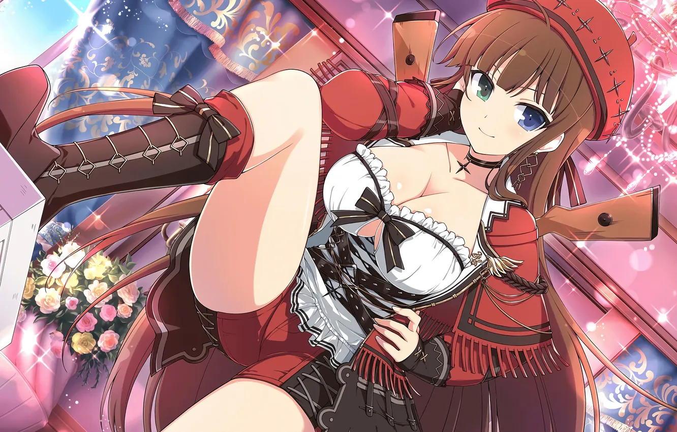 Photo wallpaper girl, sexy, cleavage, shorts, blouse, long hair, legs, brown hair