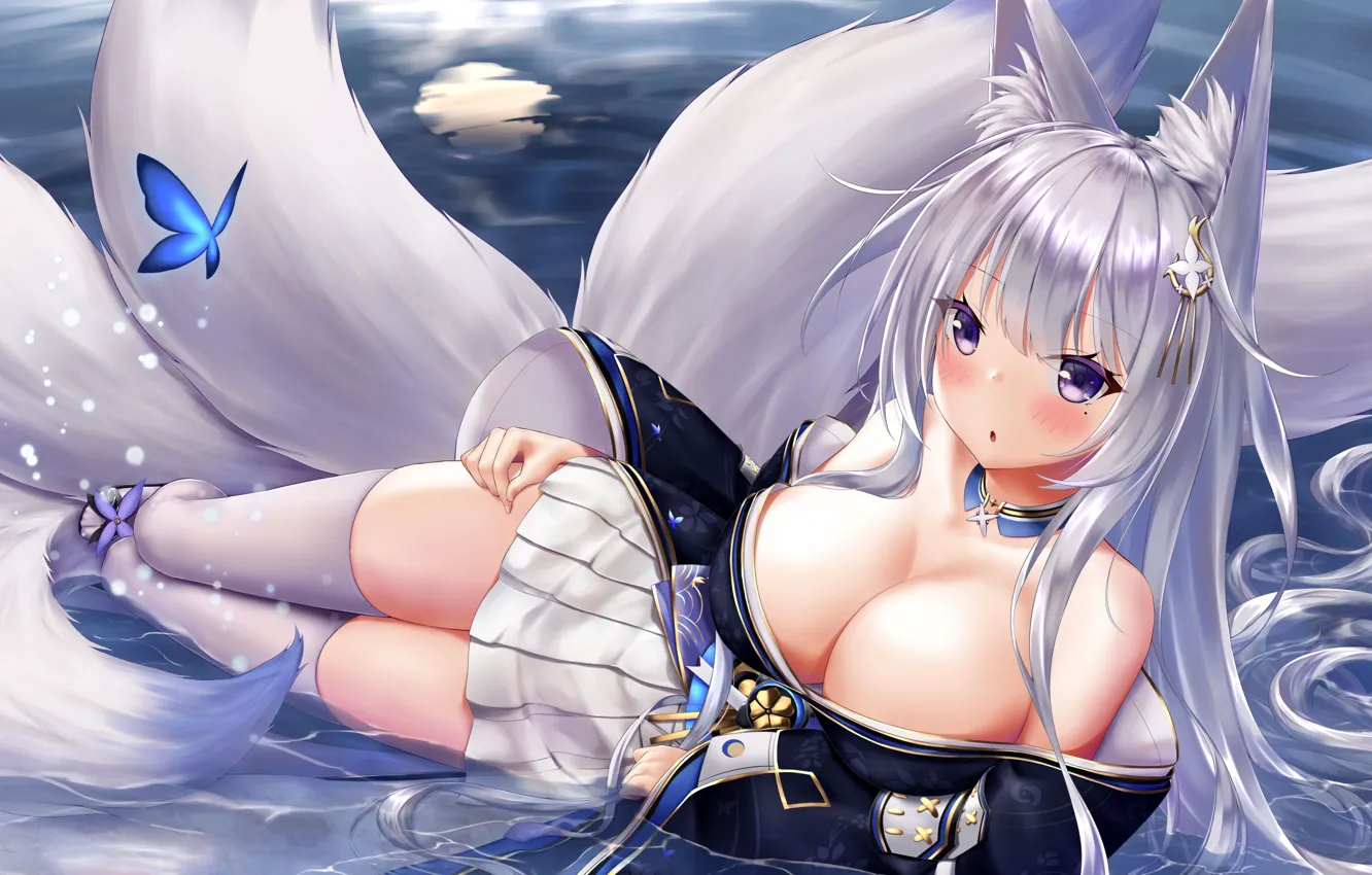 Photo wallpaper girl, sexy, cleavage, blouse, thighhighs, long hair, boobs, anime