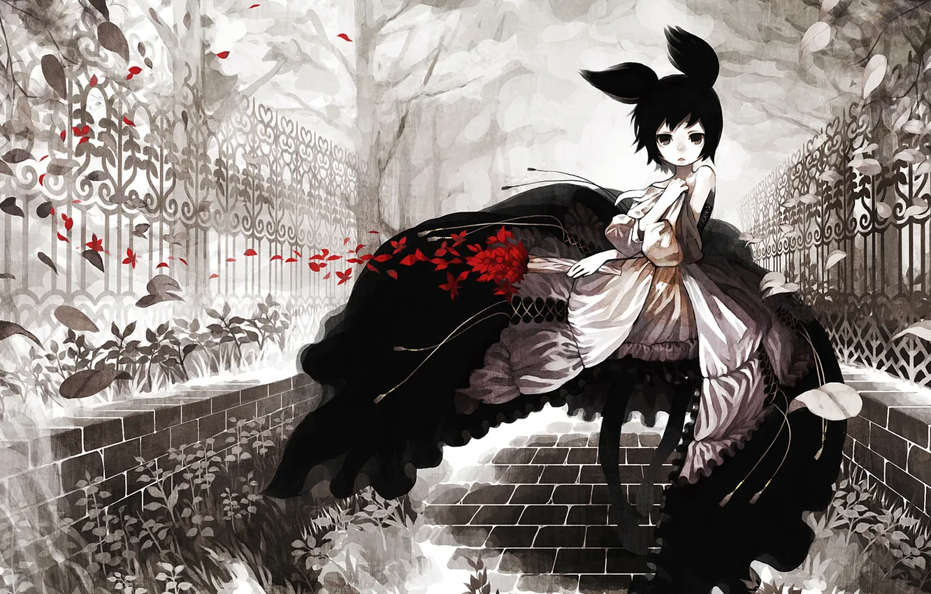 Photo wallpaper leaves, flowers, red, the wind, girl, monochrome
