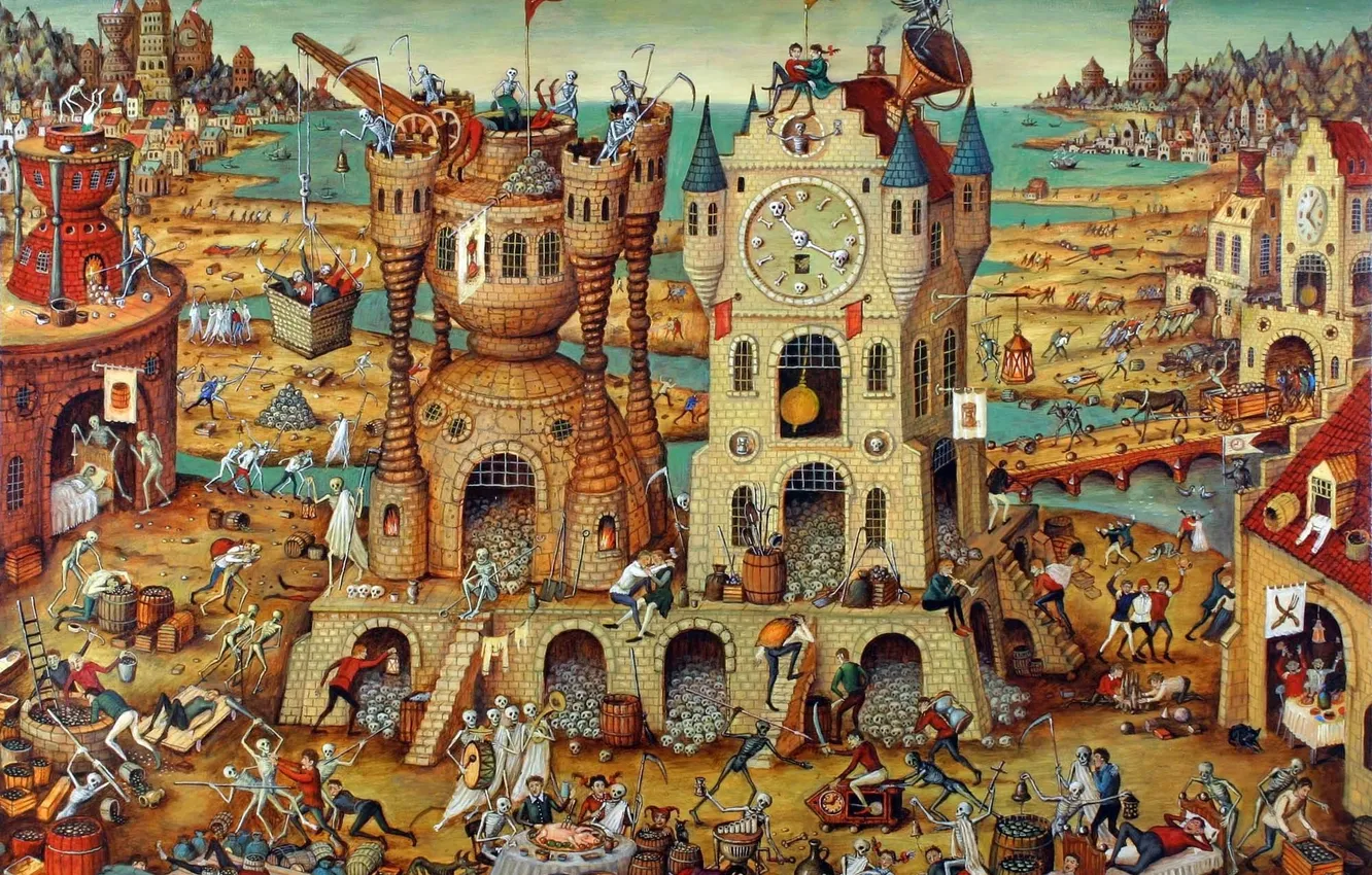 Photo wallpaper the city, watch, people, skull, idleness