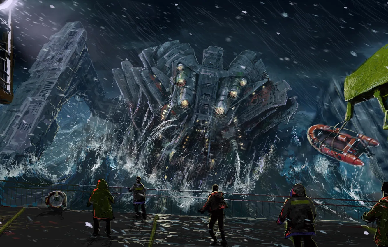 Photo wallpaper storm, rain, people, ship, alien