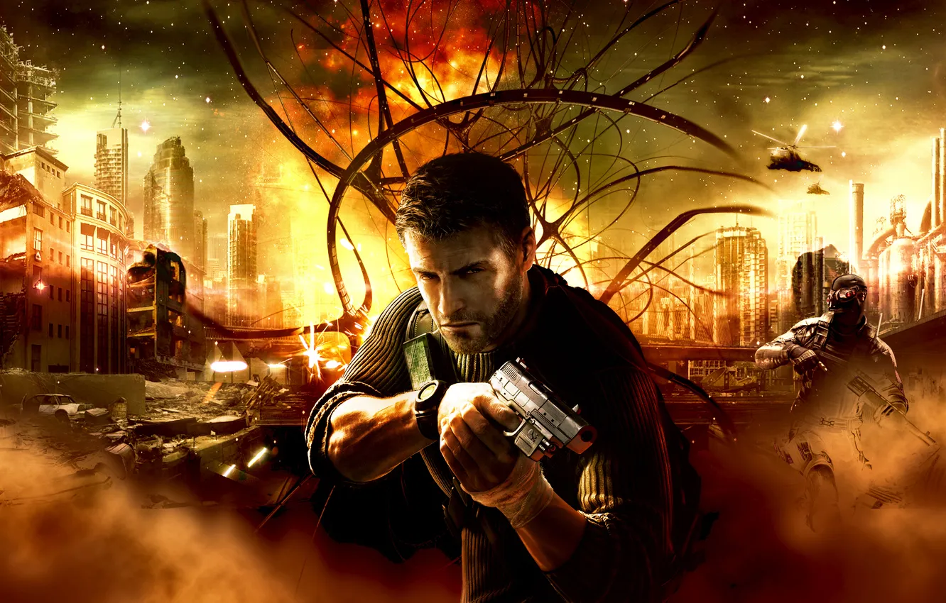 Photo wallpaper the city, gun, weapons, Splinter Cell Conviction, Sam Fisher, Sam Fisher
