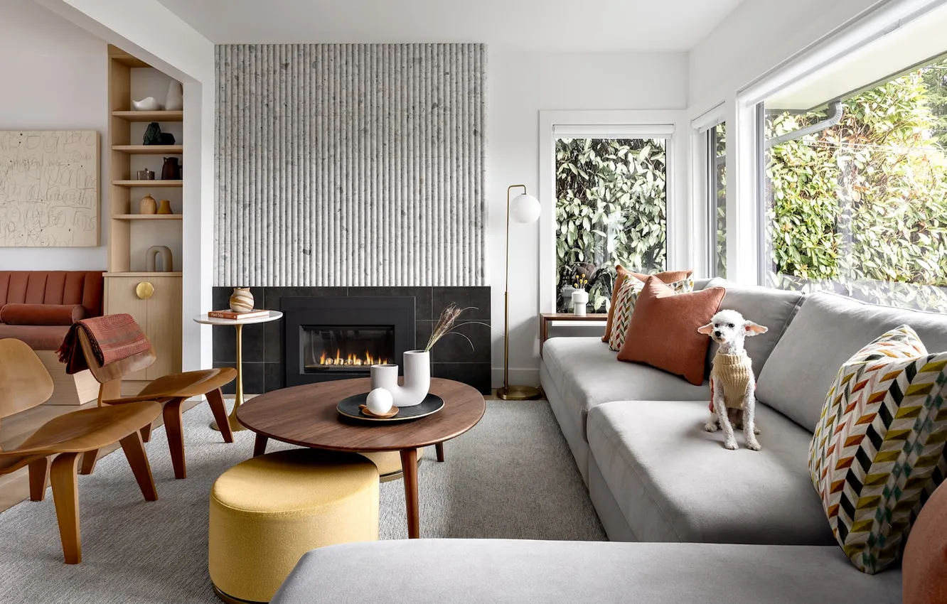 Photo wallpaper design, style, room, interior, living room, British Columbia, upholstered furniture, West Vancouver