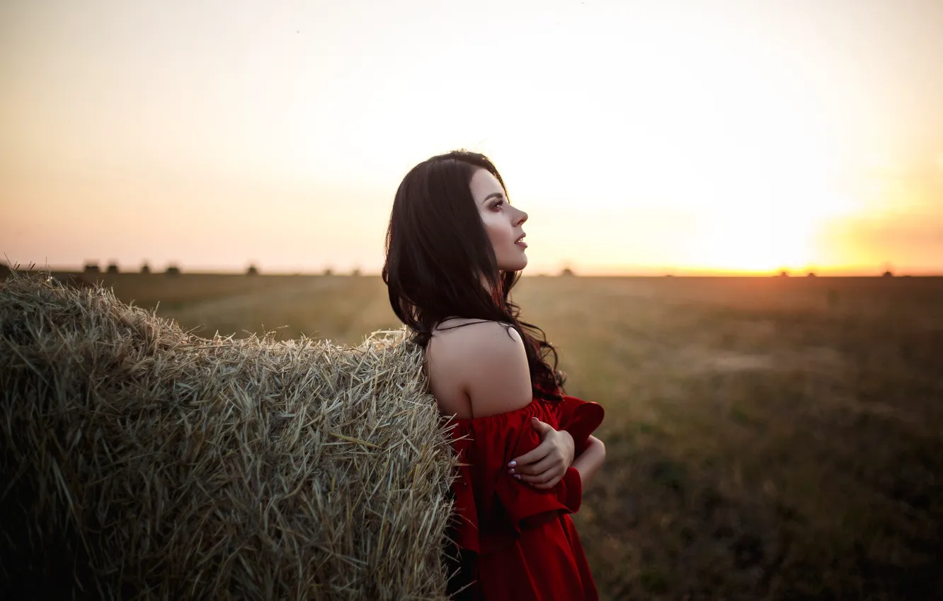 Photo wallpaper girl, the sun, stack, dress, hay, Anna Kovaleva