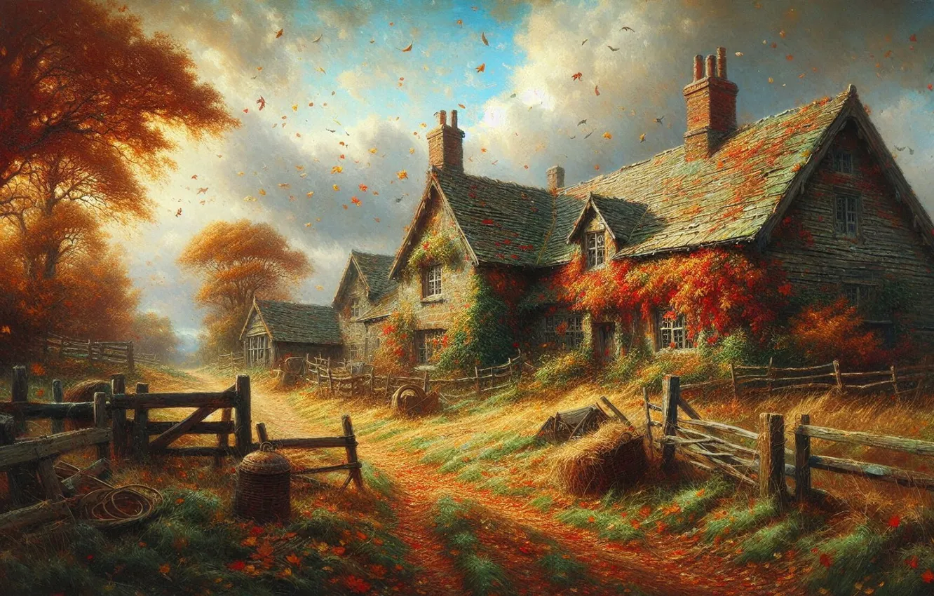 Photo wallpaper autumn, trees, home, village, house, hut, AI art, a cozy little world