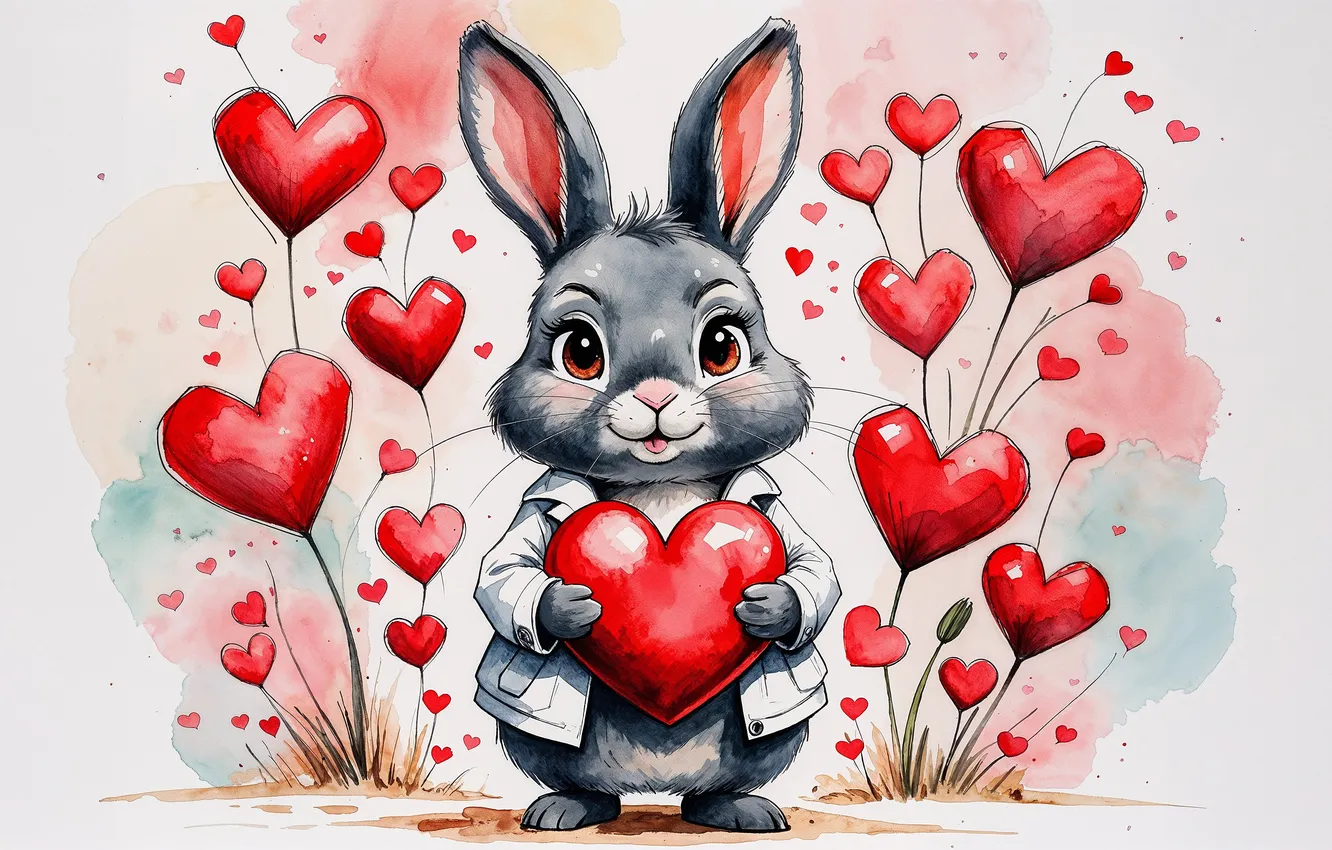 Photo wallpaper holiday, heart, hare, rabbit, hearts, Valentine's day, AI art, neural network