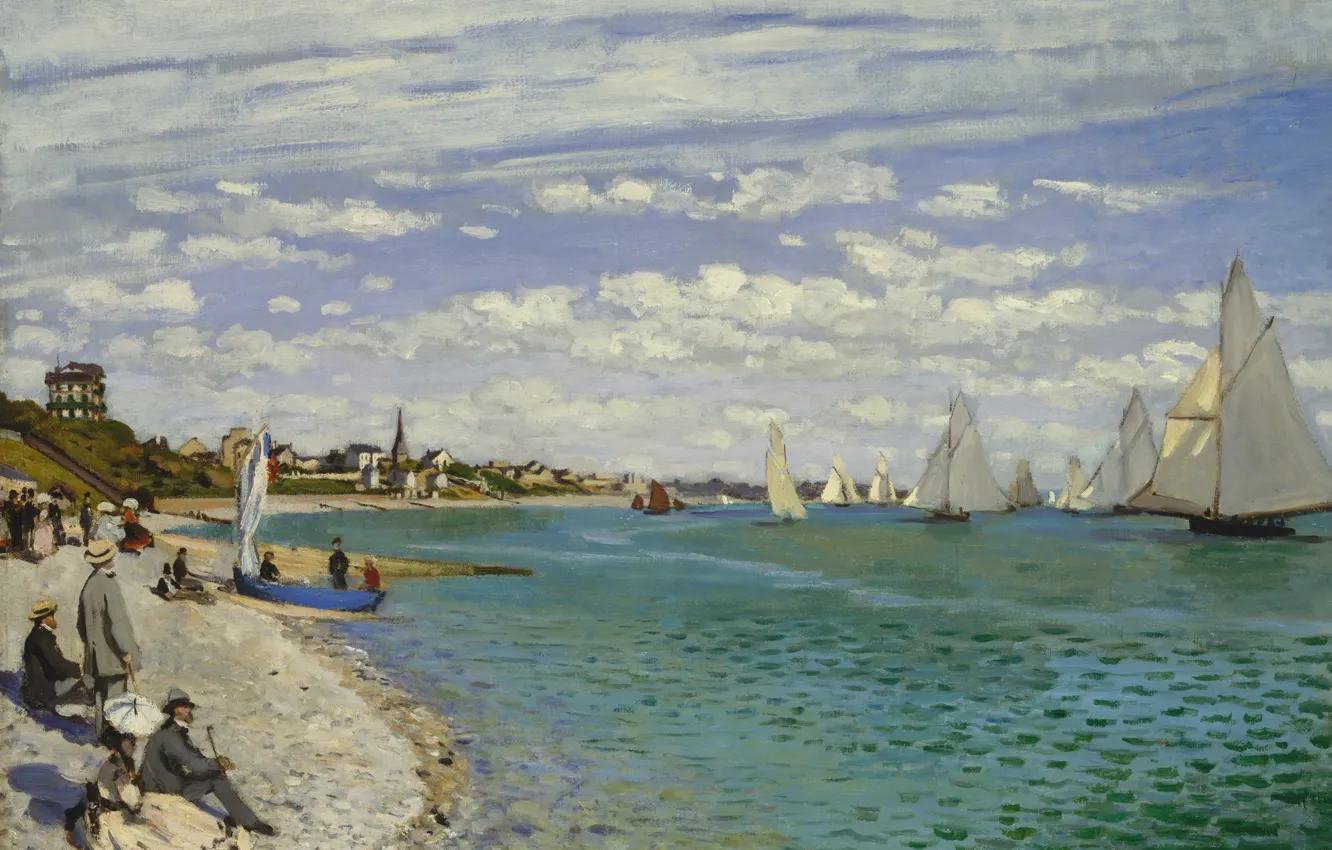 Photo wallpaper boat, picture, yacht, sail, seascape, Claude Monet, Regatta at Sainte-Adresse