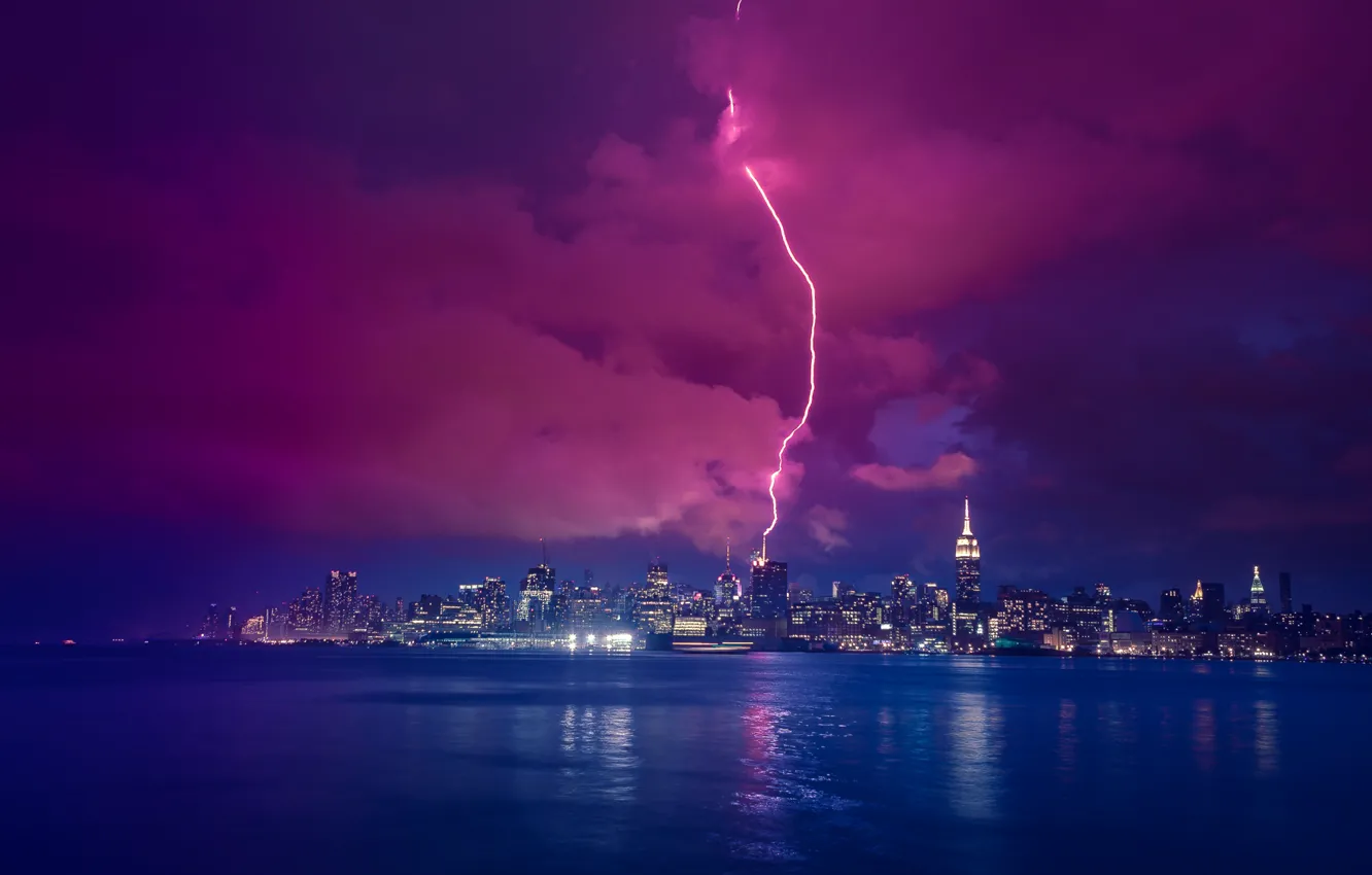 Photo wallpaper river, lightning, New York, night city, Manhattan, Manhattan, New York City, Hudson River