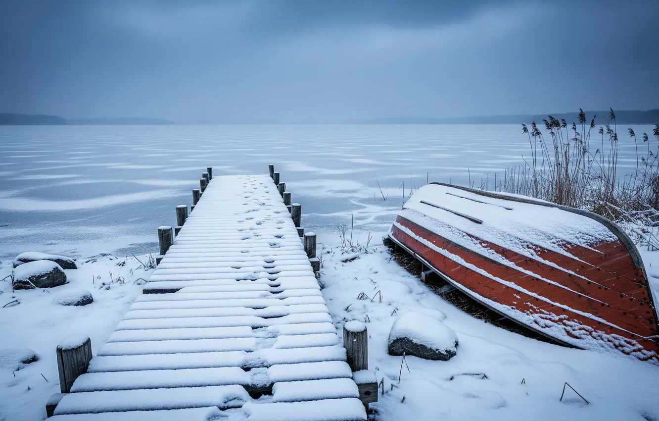Photo wallpaper winter, the sky, snow, lake, shore, boat, pier