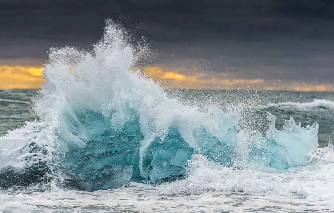 Photo wallpaper sea, wave, squirt, nature, ice, Iceland