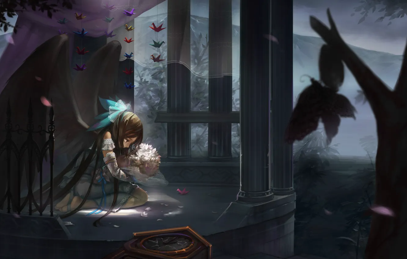 Photo wallpaper loneliness, columns, reiu equipment, utsuho, moth, grief, paper cranes, black wings, Touhou Project
