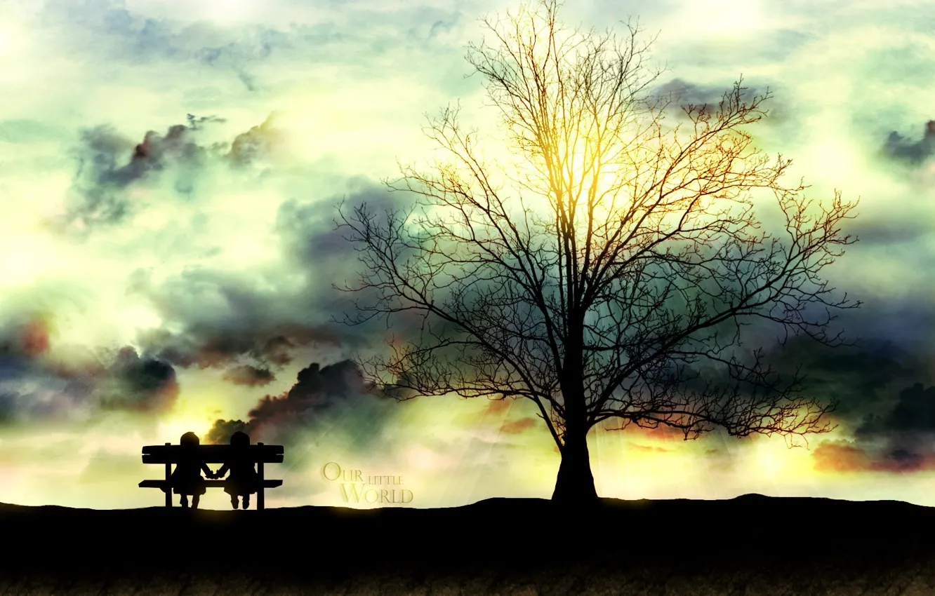 Photo wallpaper the sky, the sun, trees, love, bench, Park, figure, shop