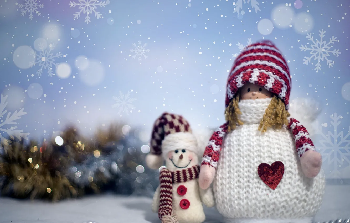 Photo wallpaper snow, snowflakes, toy, new year, Christmas, hearts, snowman, needles