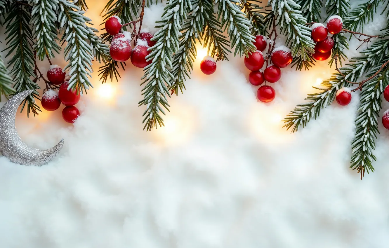 Photo wallpaper snow, decoration, berries, new year, Christmas, Christmas, snow, tree