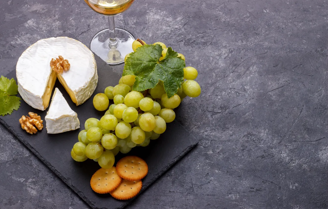 Photo wallpaper white, green, background, wine, glass, cheese, cookies, grapes