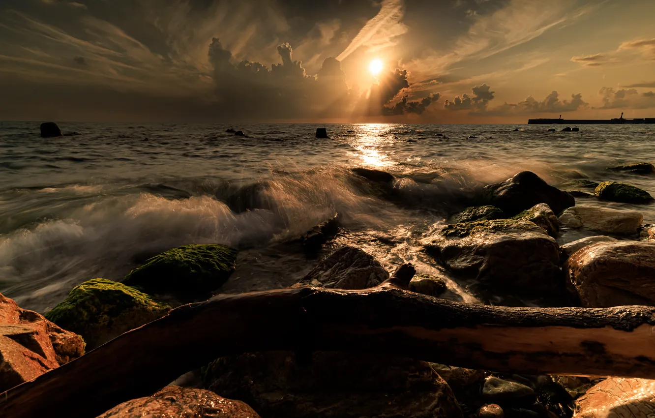 Photo wallpaper waves, photography, sea, sunset, clouds, rocks, pier, sunlight