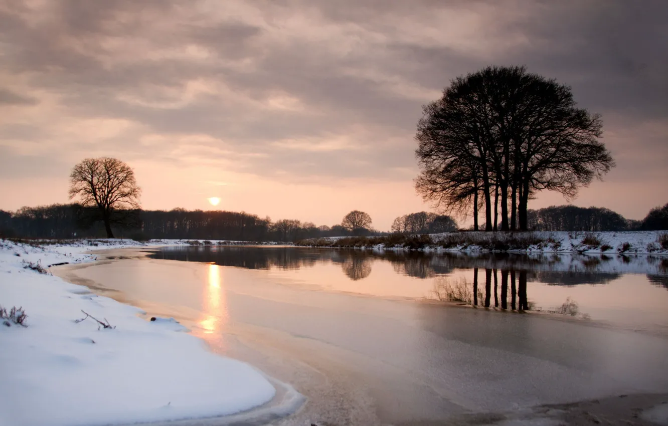 Photo wallpaper ice, winter, snow, trees, sunset, river, the evening