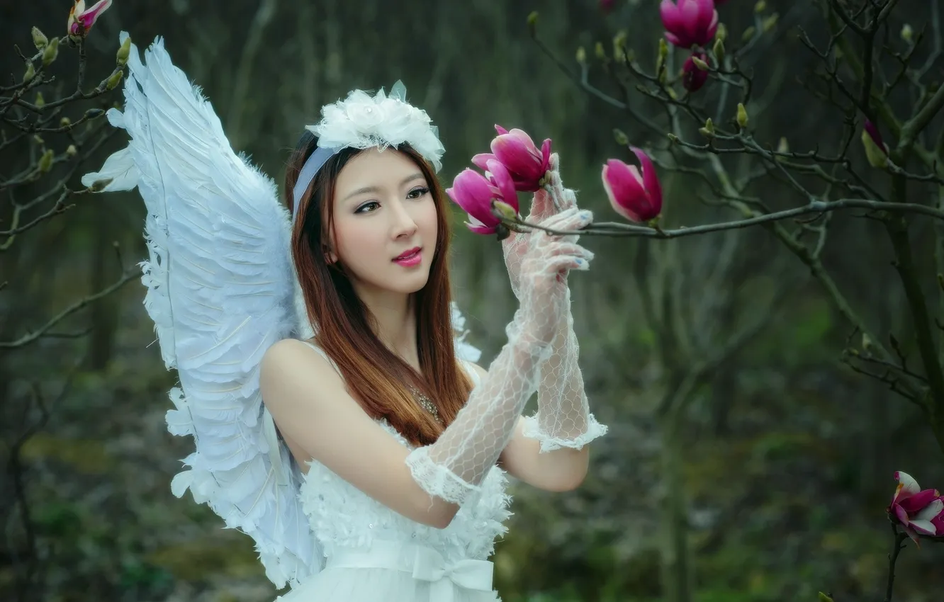 Photo wallpaper girl, angel, garden