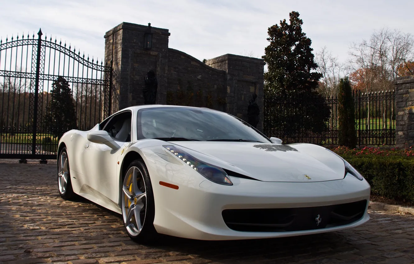 Photo wallpaper white, trees, the fence, gate, Italy, Ferrari, 458 italia, whiteферрари