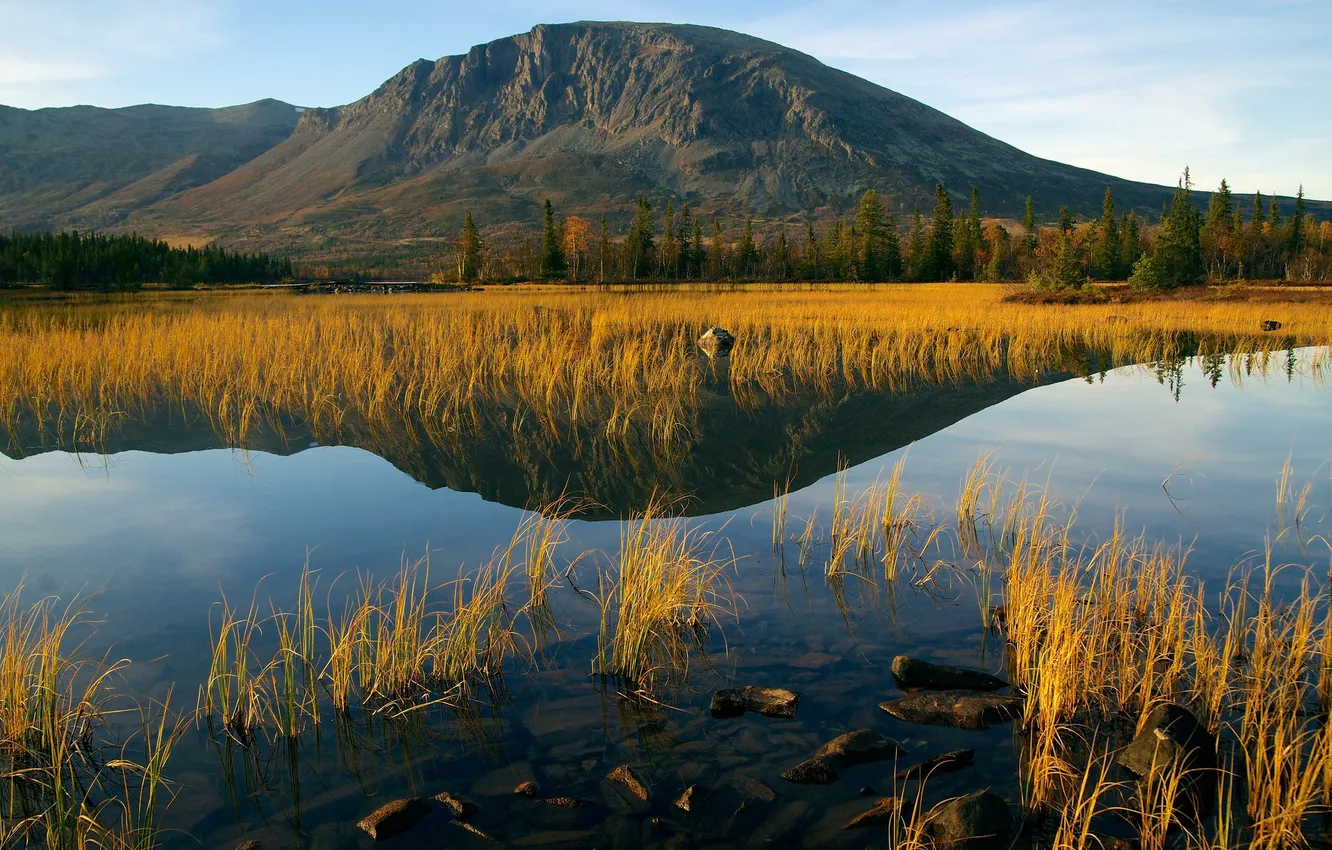 Photo wallpaper autumn, the sky, trees, mountains, lake
