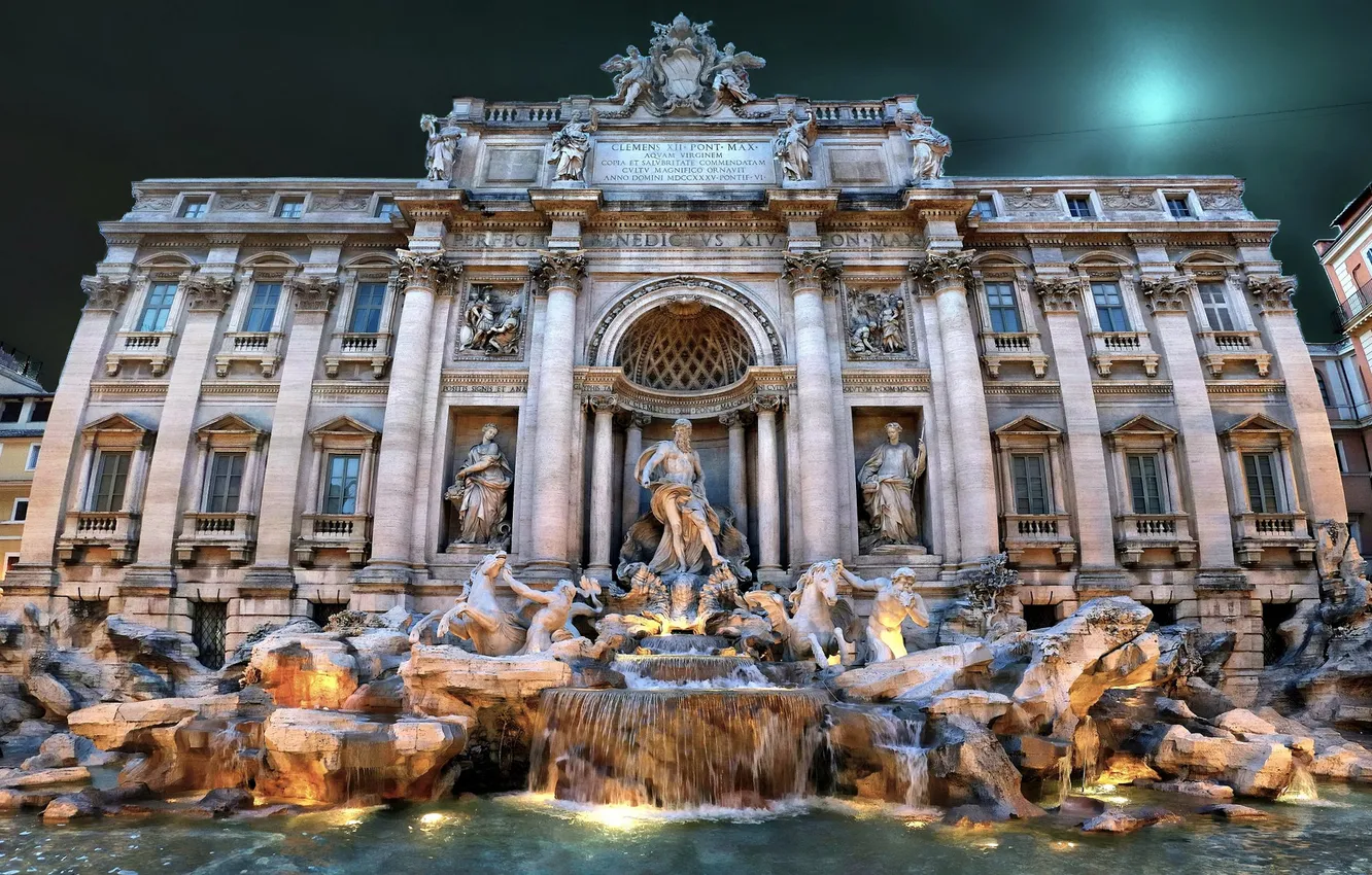 Photo wallpaper lights, the evening, Rome, Italy, the Trevi fountain