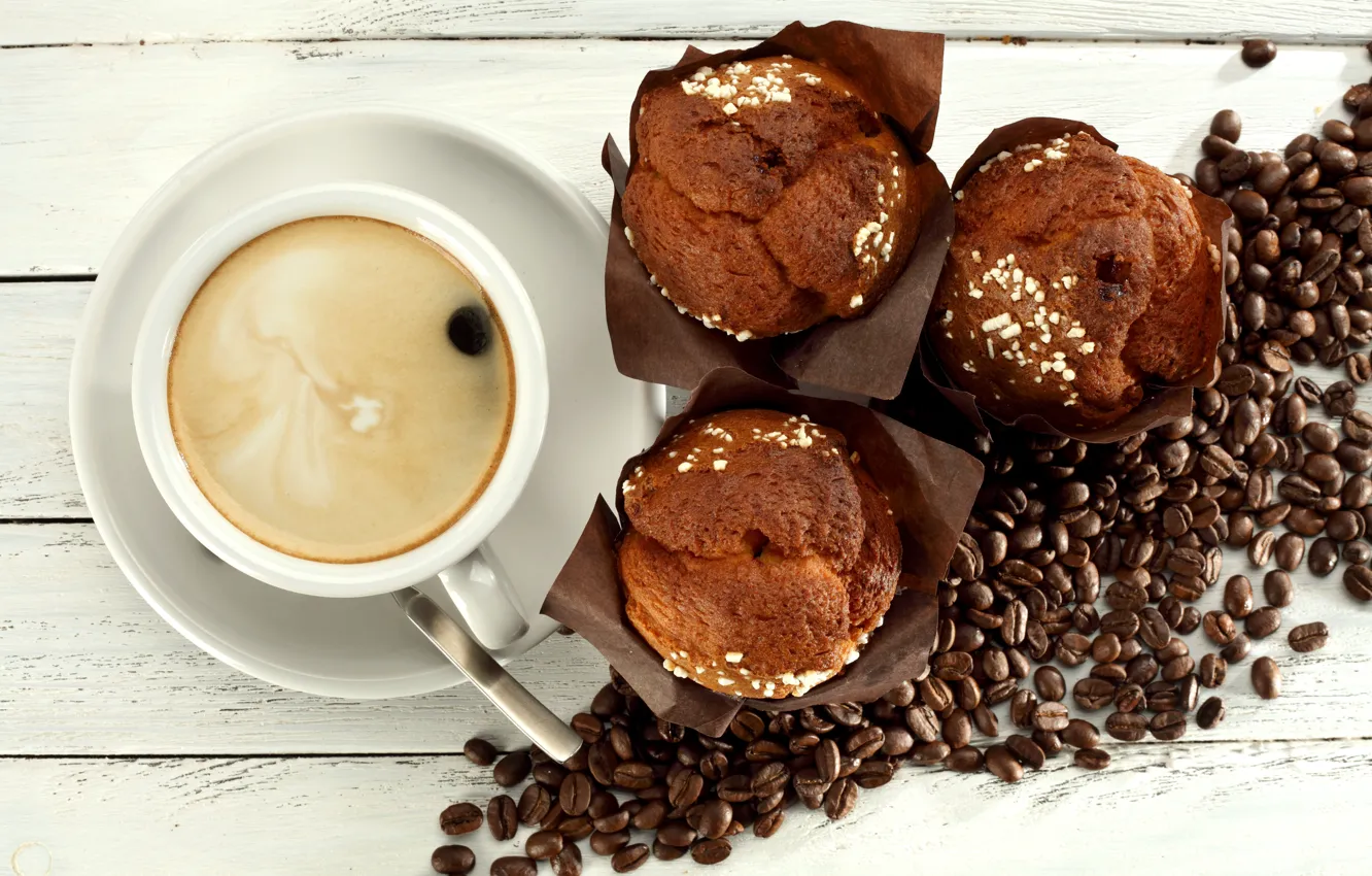 Photo wallpaper coffee, cup, cupcake, cupcakes, beans, coffee, breakfast
