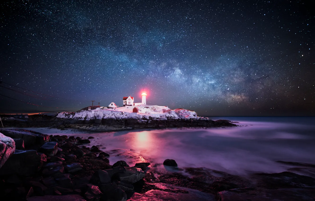 Photo wallpaper the sky, stars, light, lighthouse, island, the Atlantic ocean, USА, York Corner