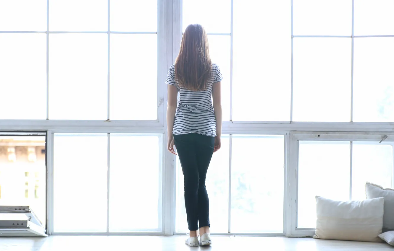 Photo wallpaper sadness, girl, the city, future, mood, pillow, brunette, window