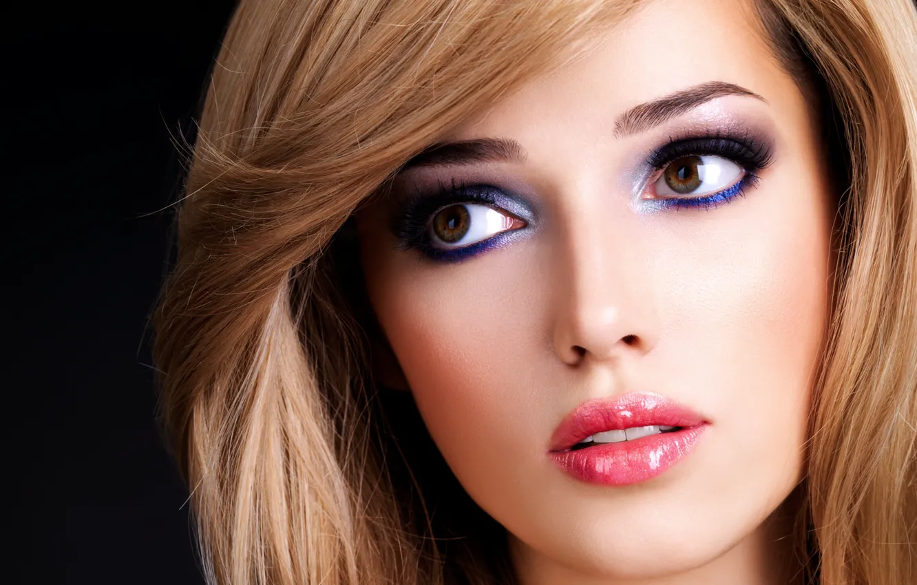 Photo wallpaper eyes, look, girl, makeup, blonde, lips, black background