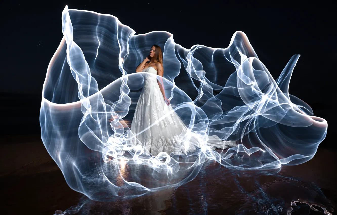 Photo wallpaper look, water, girl, light, line, pose, style, reflection