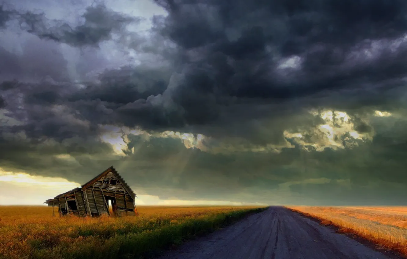 Photo wallpaper road, storm, the barn