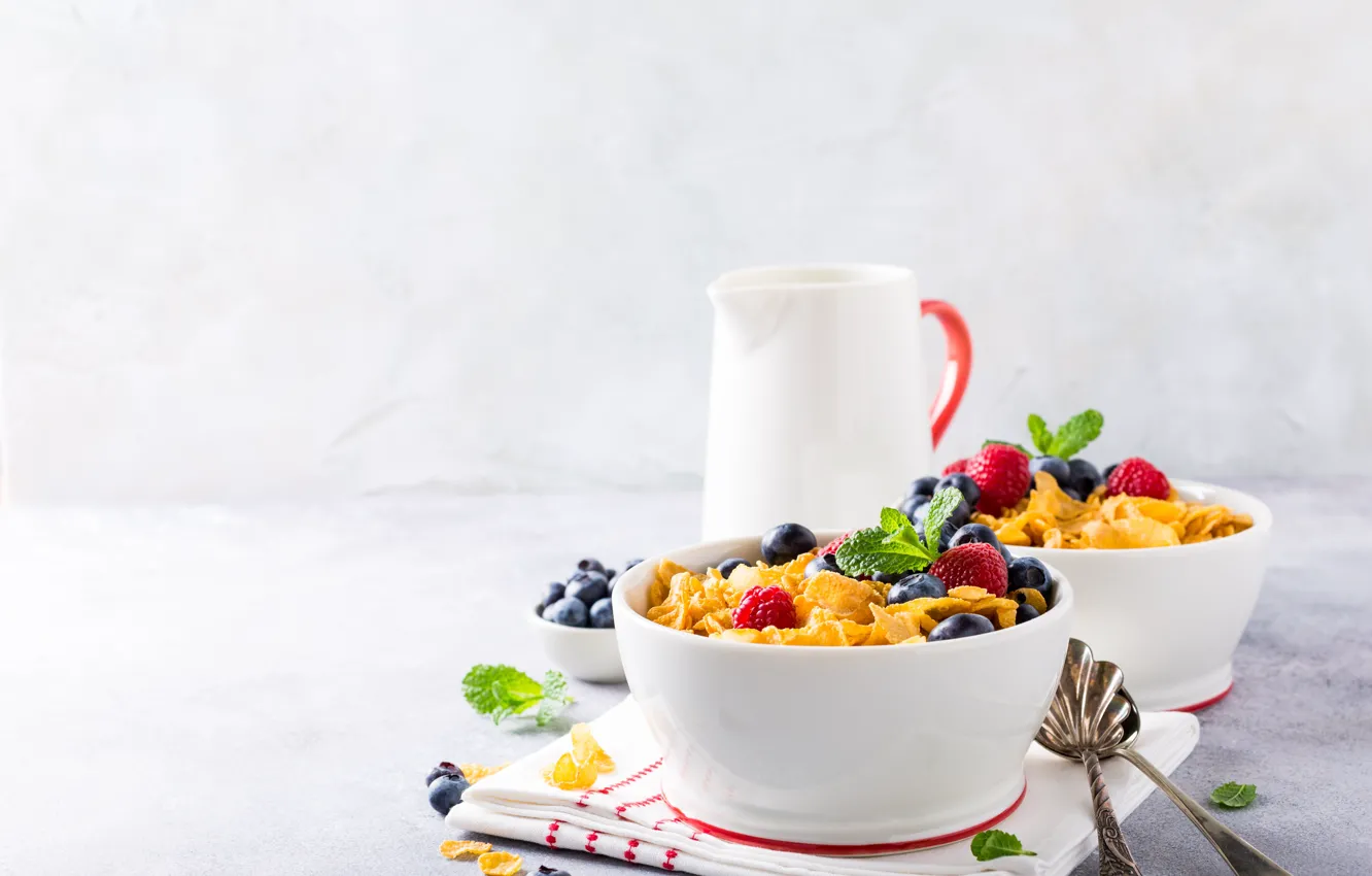 Photo wallpaper food, Breakfast, milk, blueberries, strawberry, plate, muesli, Iryna Melnyk