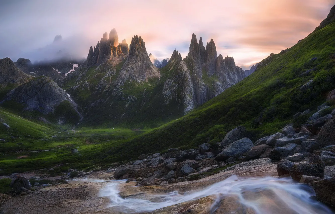 Photo wallpaper mountains, river, stones, tops, slope