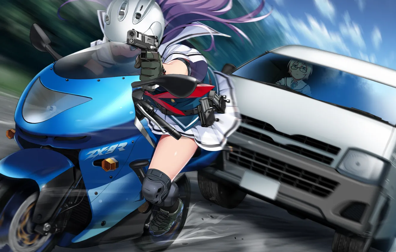 Photo wallpaper machine, girl, gun, speed, motorcycle, Grisaia: Phantom Trigger