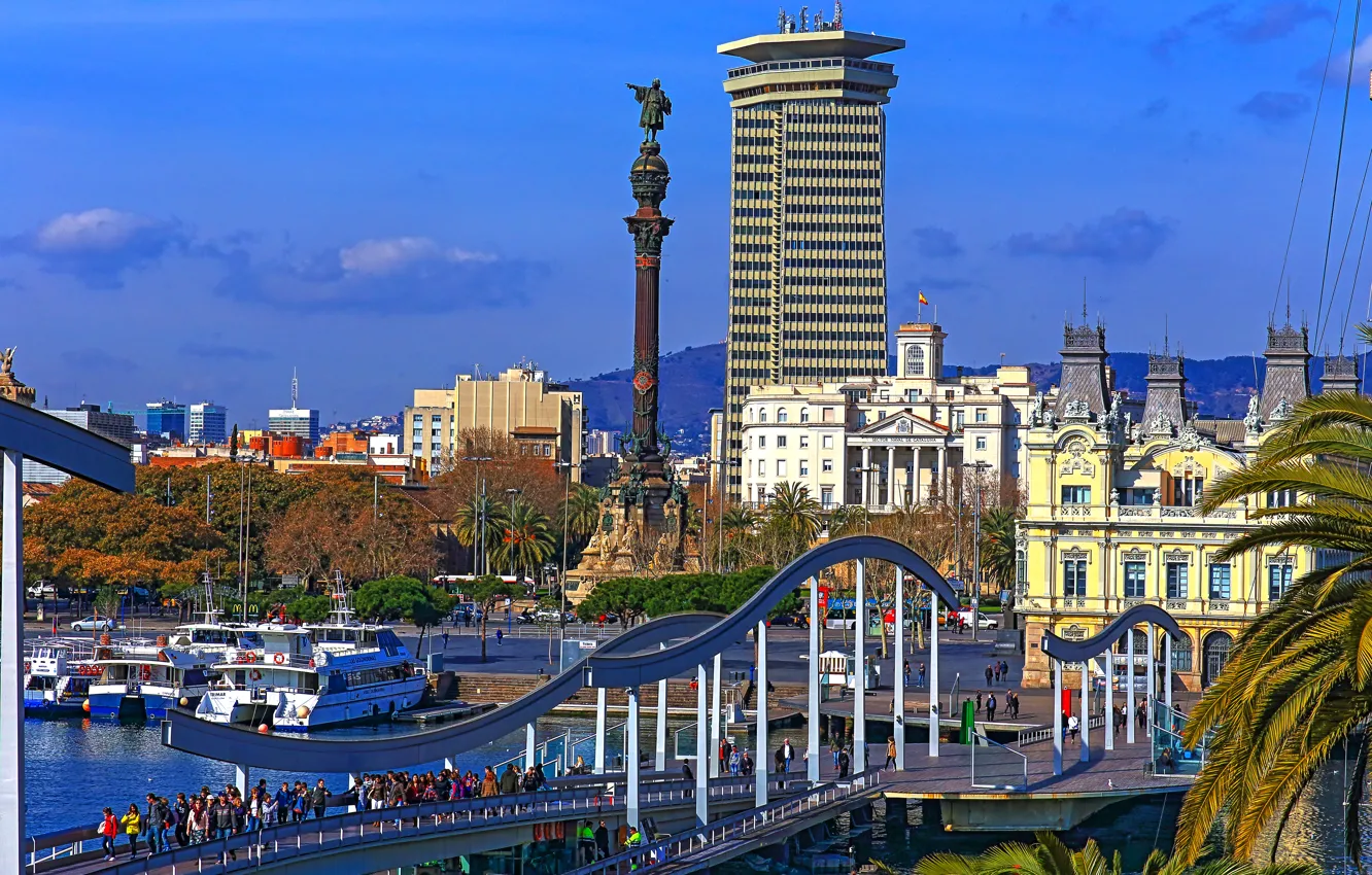Photo wallpaper the sun, trees, bridge, river, palm trees, home, boat, Spain
