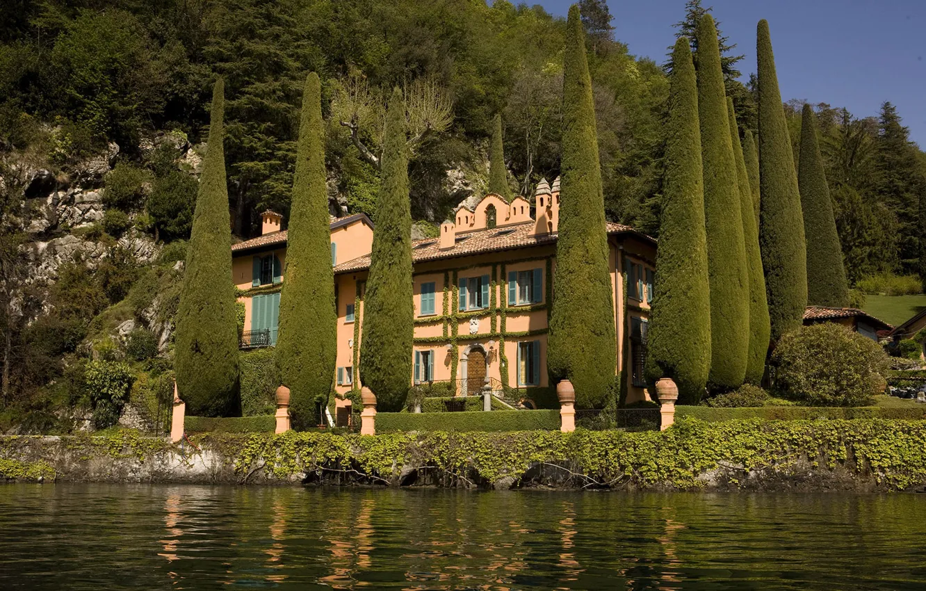 Photo wallpaper trees, lake, Villa, Italy, Como, Cypress Villa